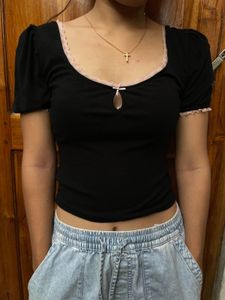 Cute Black Puff Sleeve Lace Trim Top