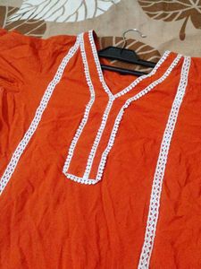 Orange Kurta with White Lace Trim