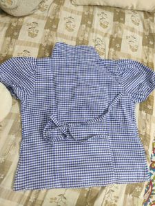 Blue Gingham Button-Up Puff Sleeve Top