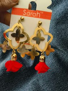 Sarah Gold &amp; Red Tassel Earrings