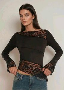 Elegant Lace Trim Long Sleeve Top