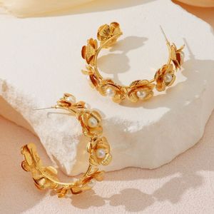 Elegant Gold Floral Pearl Hoop Ea
