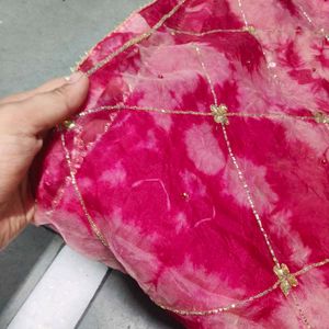 Vibrant Pink Tie-Dye Saree with Gold Embellishment