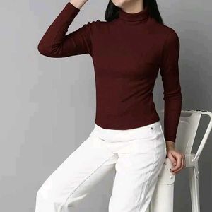 Brown Ribbed Turtleneck Top