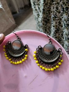 Bohemian Style Fan Earrings with Yellow Beads