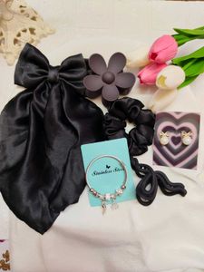 Chic Black Satin Bow & Hair Clips Set