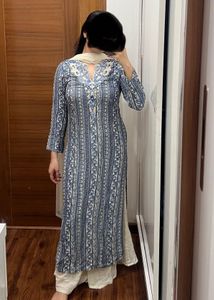 Blue &amp; White Printed Kurta Set with Dupatta