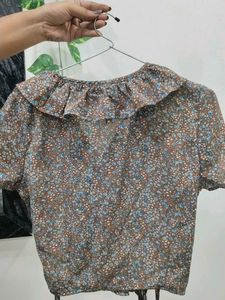 brown colour wrap top with ruffle neck for women