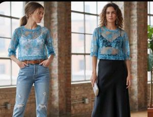 Blue Floral Lace Crop Top