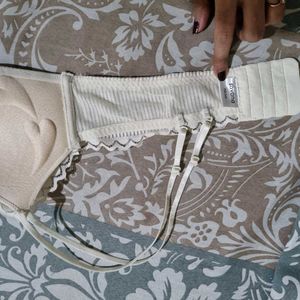 Cream Ribbed Lace Trim Push up Bralette