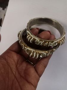 Metal Stone Bangles With Pearl