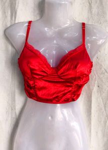 Satin Lace Trim Ruched Crop Top