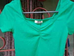 New Distressed Jeans With Green Ribbed Crop Top