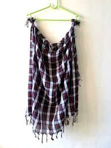 Red &amp; White Plaid Scarf with Fringe
