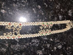 Elegant Silver Anklets with Red & Green Stones