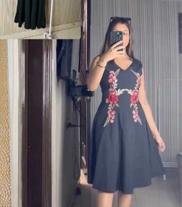 Black Embroidered V-Neck Dress