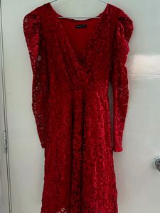 Red Lace Wrap Dress with Puff Sleeves