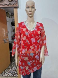 Red Chiffon Floral Asymmetric Top with Lycra Linin
