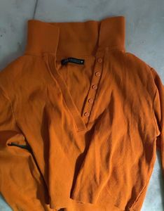 Zara Orange Ribbed High Neck Cropped Top