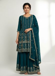 Teal Green Full Embroidery Chinon Silk Sharara Set