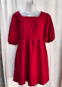 Chic Red Square Neck Puff Sleeve Dress
