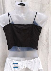 I. Black Ribbed Tie-Front Crop Top