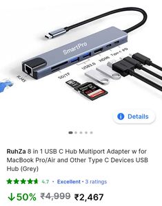 USB Hub 8 In 1 Ports With RJ45