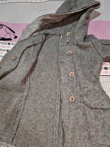 Gray Hooded Wool Blend Coat