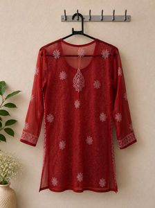 Red Chikankari Short Kurta
