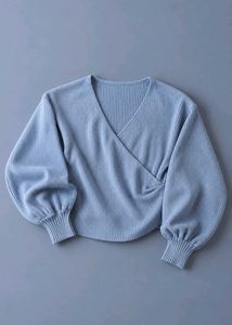 BABY BLUE RIBBED WRAP-STYLE SWEATER
