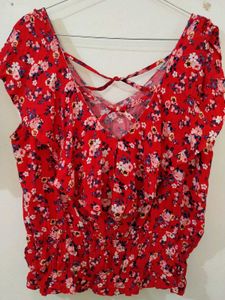 Red Floral Tie-Up Back Ruffle Top