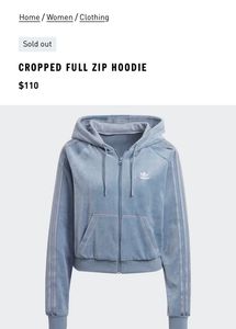 Adidas Originals Cropped Full Zip Velour Hoodie