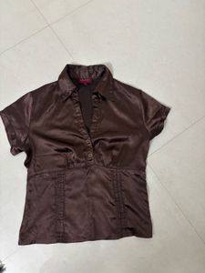 Chic Brown Satin Collared Top