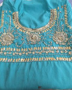 Elegant Blue dress material with Pearl Embellishme