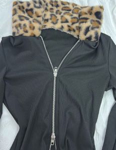 Leopard Trim Zip-Up y2k Top