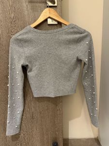 ZARA Grey Pearl Embellished Woolen Shrug