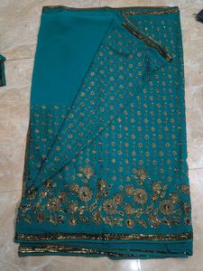 Teal Embroidered Saree with Blouse