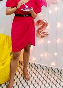Vibrant Pink Puff Sleeve Wrap Dress