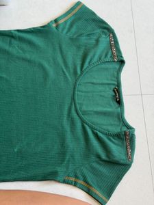 Green Ribbed Knit Dress with Embellished Shoulders