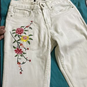 Embroidered Floral White Jeans