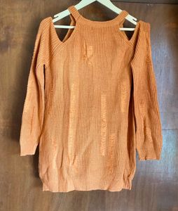 Orange Distressed Cold Shoulder Sweater