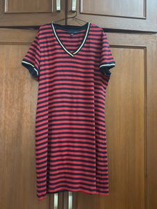 TH Red and Black Striped V-Neck Dress