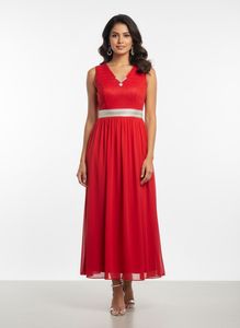 Red Sleeveless Lace &amp; Net Midi Dress