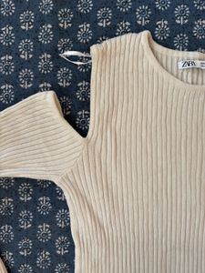 Zara Cream Ribbed Cutout Top
