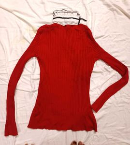 Red Cardigan with Ruffle Detail Vintage Look
