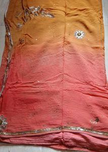Embellished Saree - Coral &amp; Mustard