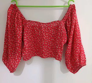 Red Floral Puff Sleeve Crop Top