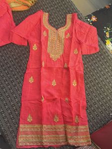 Beautiful Coral Kurta Set with Gold Embroidery
