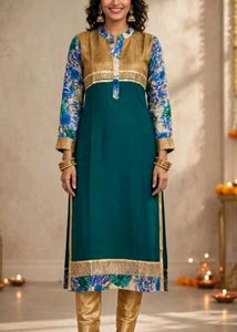Elegant Teal Kurta Set with Floral Sleeves