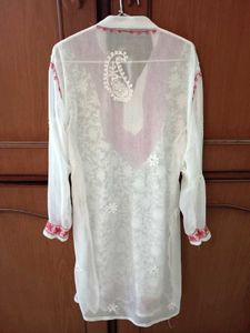 White Chikankari Kurta with Pink Embroidery